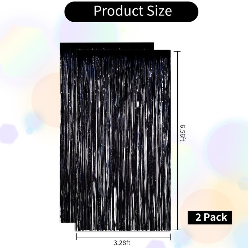 BEISHIDA 2 Pack Foil Fringe Curtain,Black Tinsel Metallic Curtains, Photo Backdrop Streamer Curtain for Halloween Wedding Bridal Shower Birthday Bachelorette Graduation Party Decor(3.28 ft x 6.56 ft) - Image 2